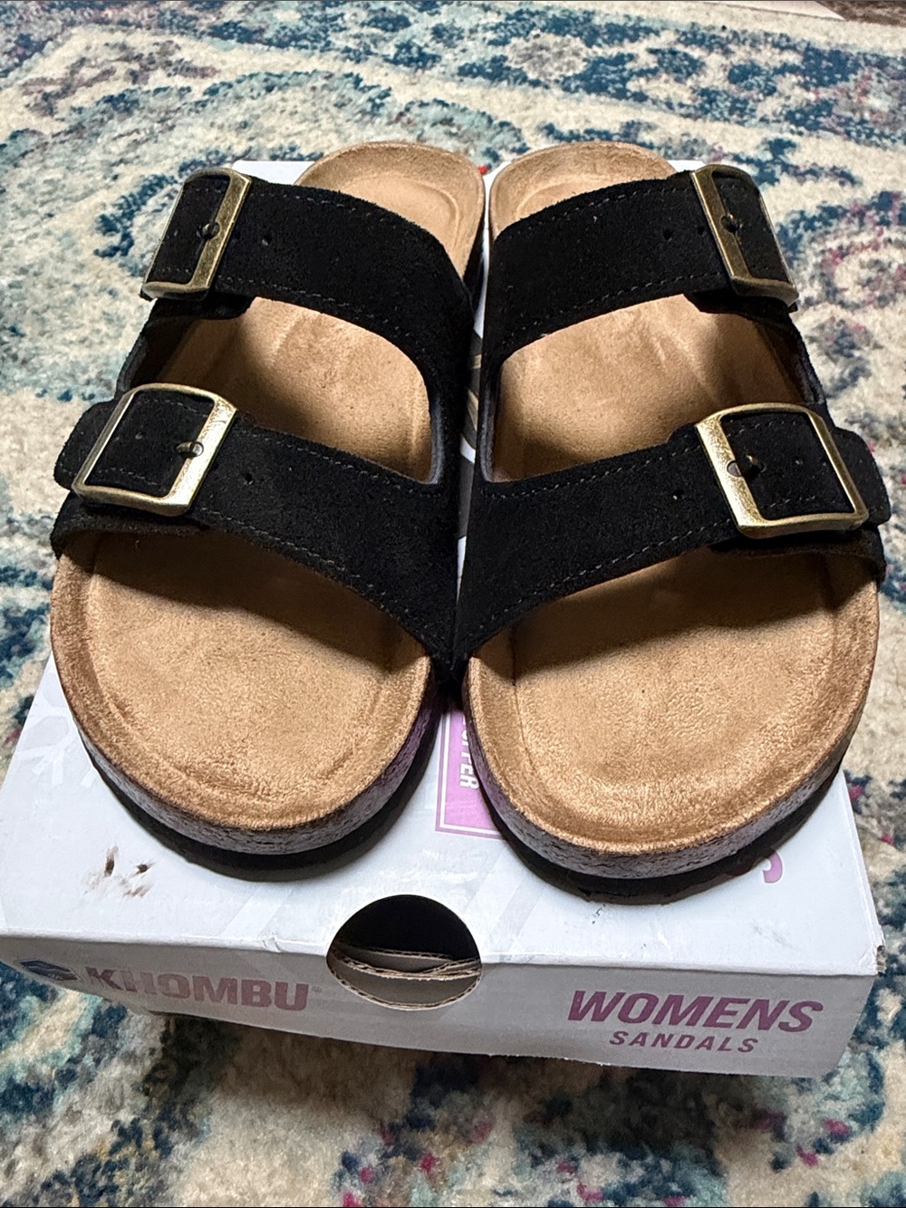NWB Khombu Black Double-Buckle Slide Sandals with Tan Footbed - size 7